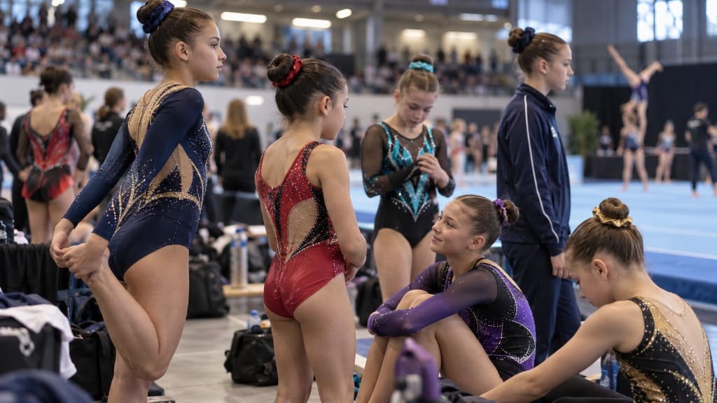 Młode gimnastyczki w strefie przygotowań na arenie sportowej.